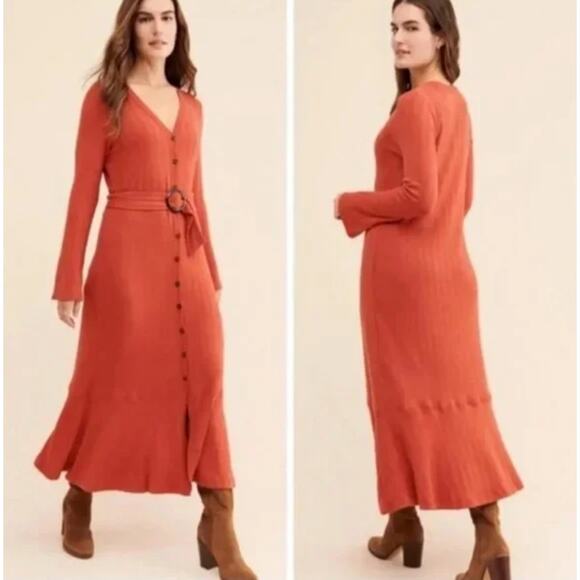 ANTHROPOLOGIE Elsa Rib Button Front Belt Maxi Sweater Dress Orange Sz XS {2C48} - Picture 2 of 8